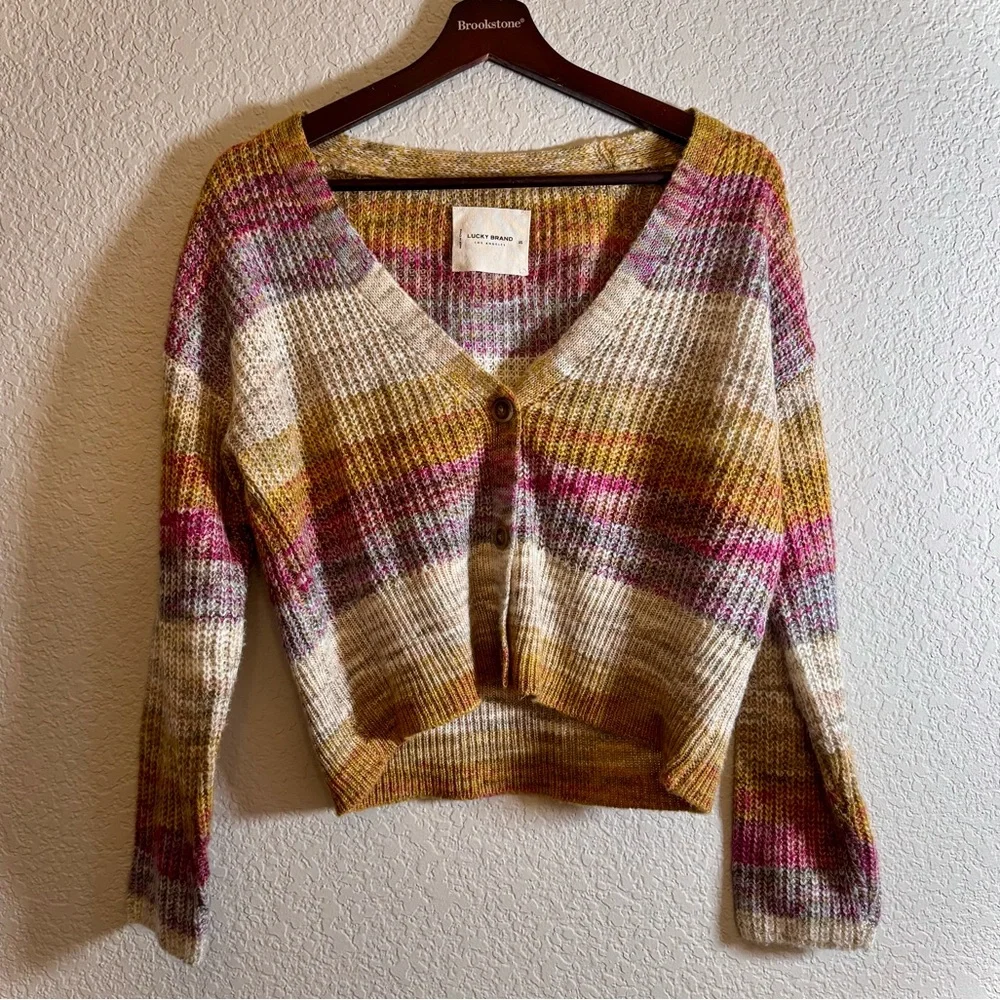 Lucky Brand Multicolor Rainbow Stripe Cropped Cardigan Sweater XS - Picture 3 of 8